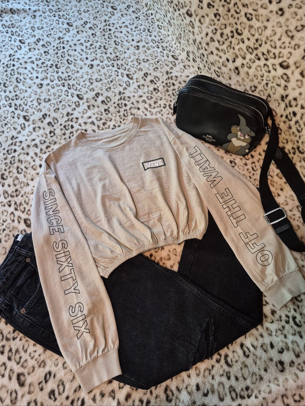 Vans Beige Cropped Crewneck Sweatshirt with Sleeve Graphics